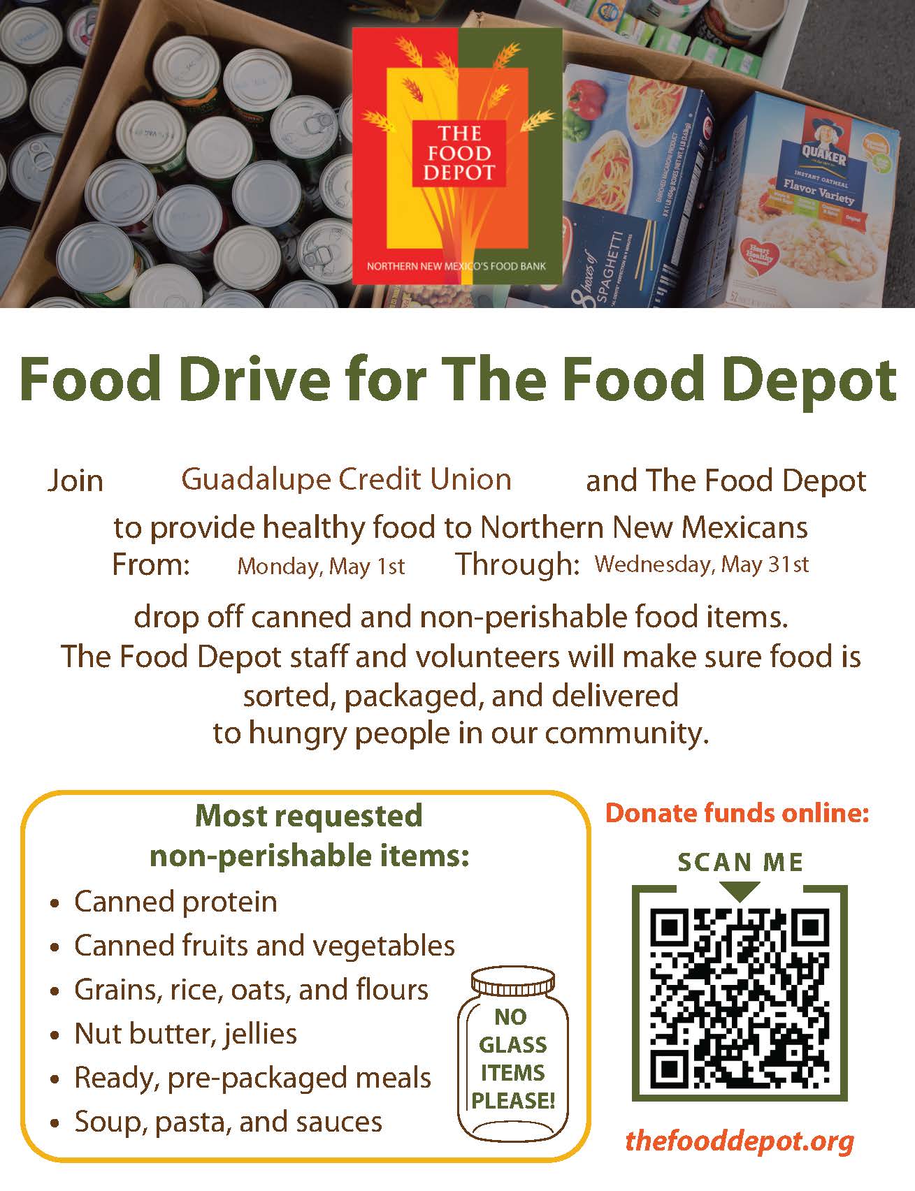 The Food Depot Food Donation Drive - May 1st - May 31st at all 7 GCU locations